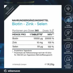 Biotin 10 mg hochdosiert + Zink + Selen Tabletten, 365 St