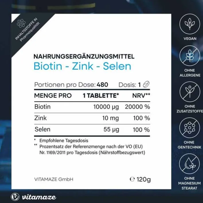 Vitamaze Biotin 10 mg hochdosiert + Zink + Selen Tabletten, 480 St> Vitamin B7 (Biotin)|Mikronährstoffe