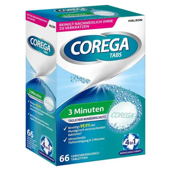 Corega TABS 3 Minuten, für herausnehmbaren Zahnersatz/ dritte Zähne, 66 St> Für Zahnprothesen