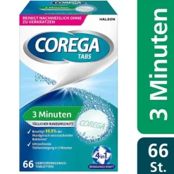 Corega TABS 3 Minuten, für herausnehmbaren Zahnersatz/ dritte Zähne, 66 St> Für Zahnprothesen