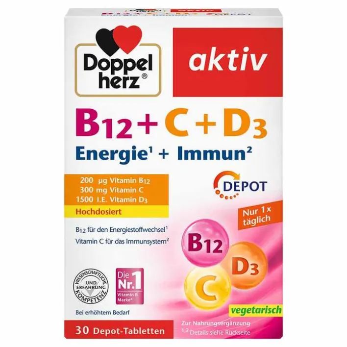 Doppelherz B12 + C + D3 Depot aktiv Tabletten, 30 St> Vitamin D (Colecalciferol)|Vitamin C (Ascorbinsäure)