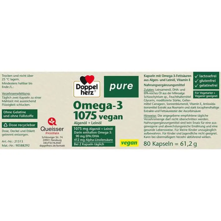 Doppelherz Omega-3 1075 vegan pure Kapseln, 80 St> Omega 3 Kapseln|Augenvitamine