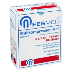 Mullkompressen ES 5x5 cm unsteril 16-fach Größe 1, 100 St> Sterile Kompressen