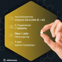 Vitamaze Vitamin D3 K2 5000 I.E. / 100 µg hochdosiert Tabletten , 180 St><noscript><img width=